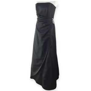 David's Bridal Black Strapless Formal Maxi Gown with Rhinestone Brooch